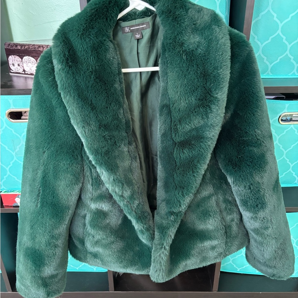 INC International Concepts Plush Emerald Green Faux Fur Jacket